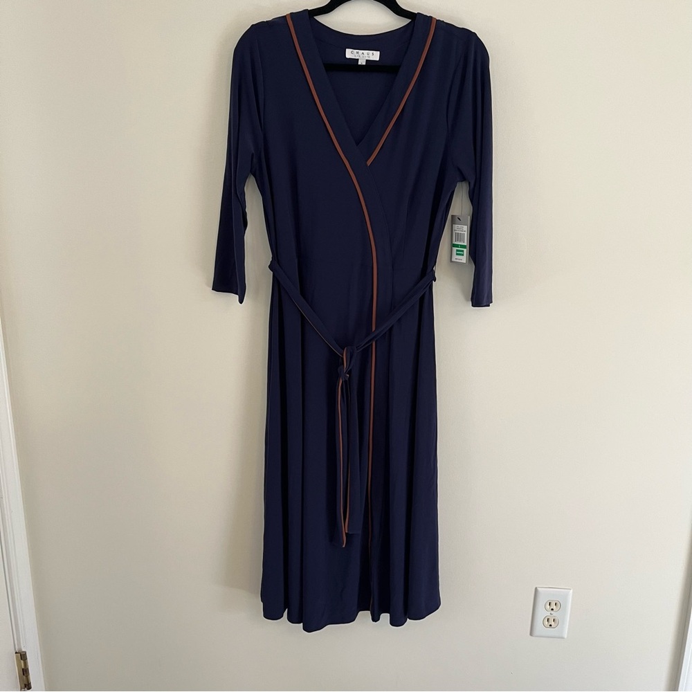NWT navy stretch midi fit and flare dress brown trim L